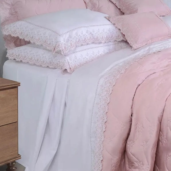 Jogo de Cama King 200 Fios Marken Fassi Lumière - Garden Branco com Rosa