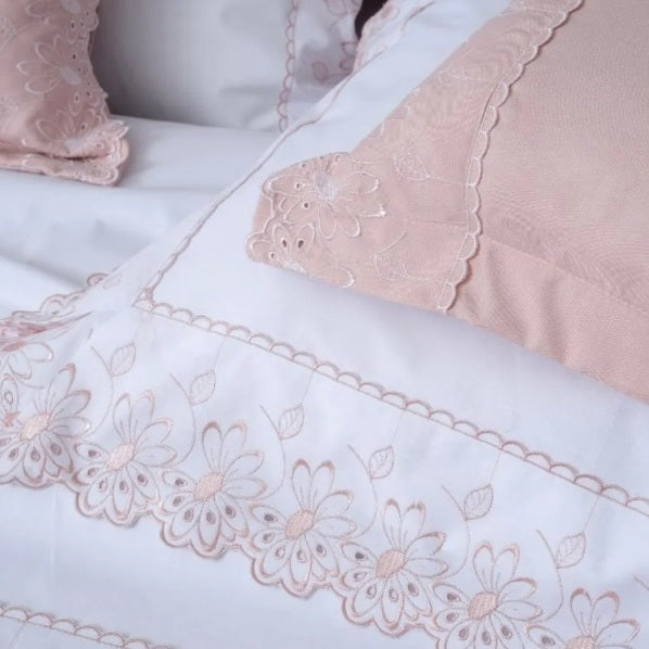 Jogo de Cama King 200 Fios Marken Fassi Lumière - Garden Branco com Rosa